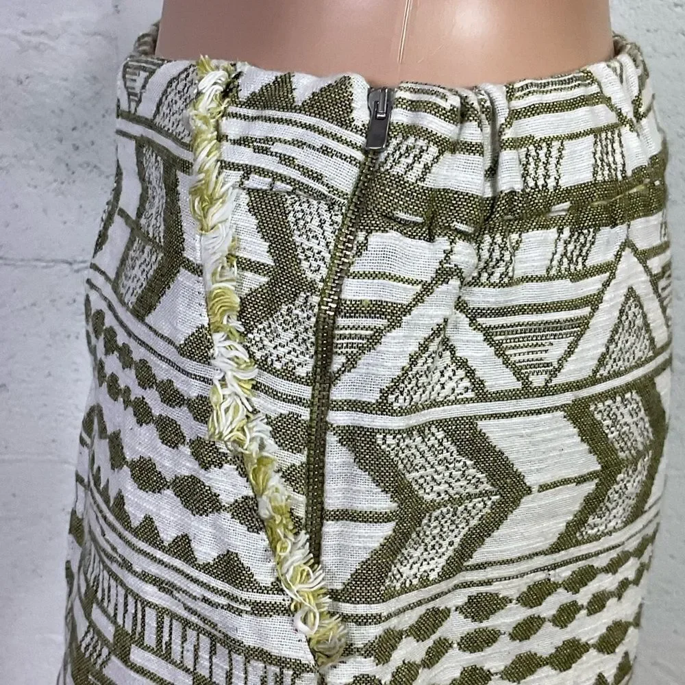 ZARA Trafaluc Y2K green ivory Aztec tapestry fringe shorts XS